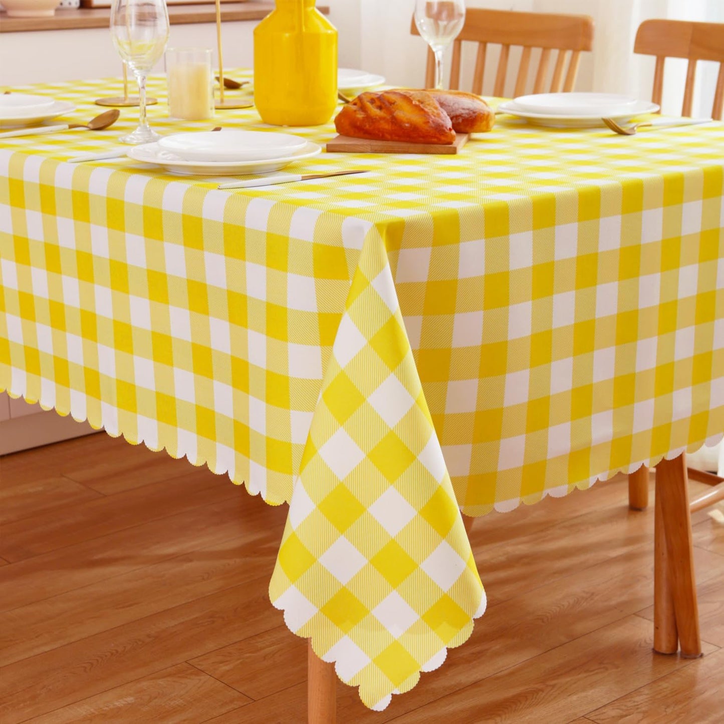 MANGATA CASA Yellow Gingham Tablecloth, Waterproof Checkered Table Cloth for Square Tables, Light Yellow 52x52in
