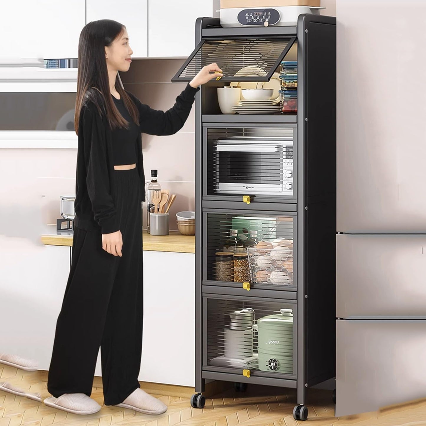 NUHSLF Metal Kitchen Storage Cabinet - Rolling Microwave Stand with Drop Down Door, Bakery Rack Nizer for Dining Room & Living Room, Versatile Kitchen Shelf Unit (70X36X85Cm)