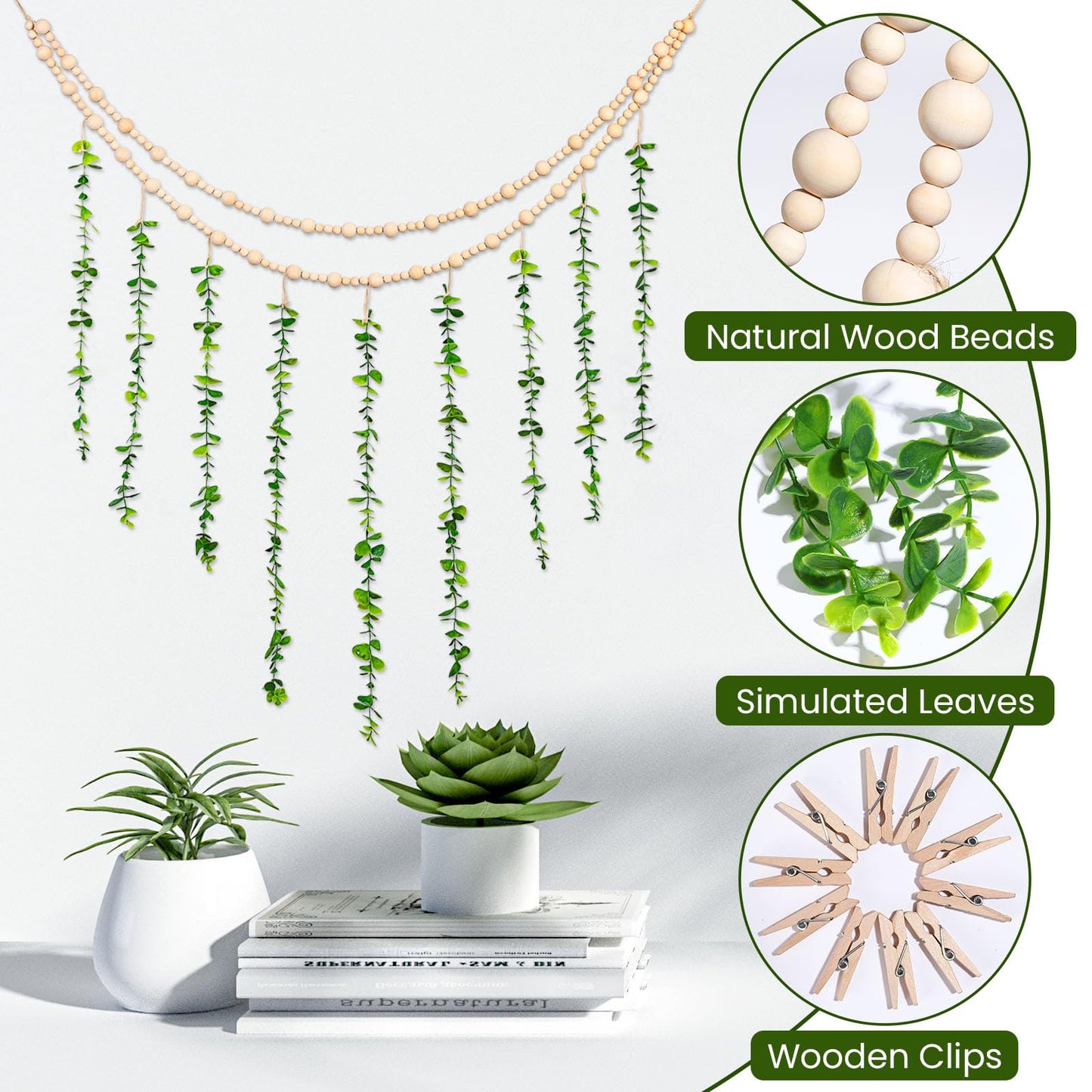 TXIN Hanging Photo Display Holder Wall Decor with Wooden Cards Clips, Boho Style Picture Frame Wood Beads Garland Artificial Eucalyptus Plant Home Decoration for Farmhouse Greenery Cubicle Bedroom