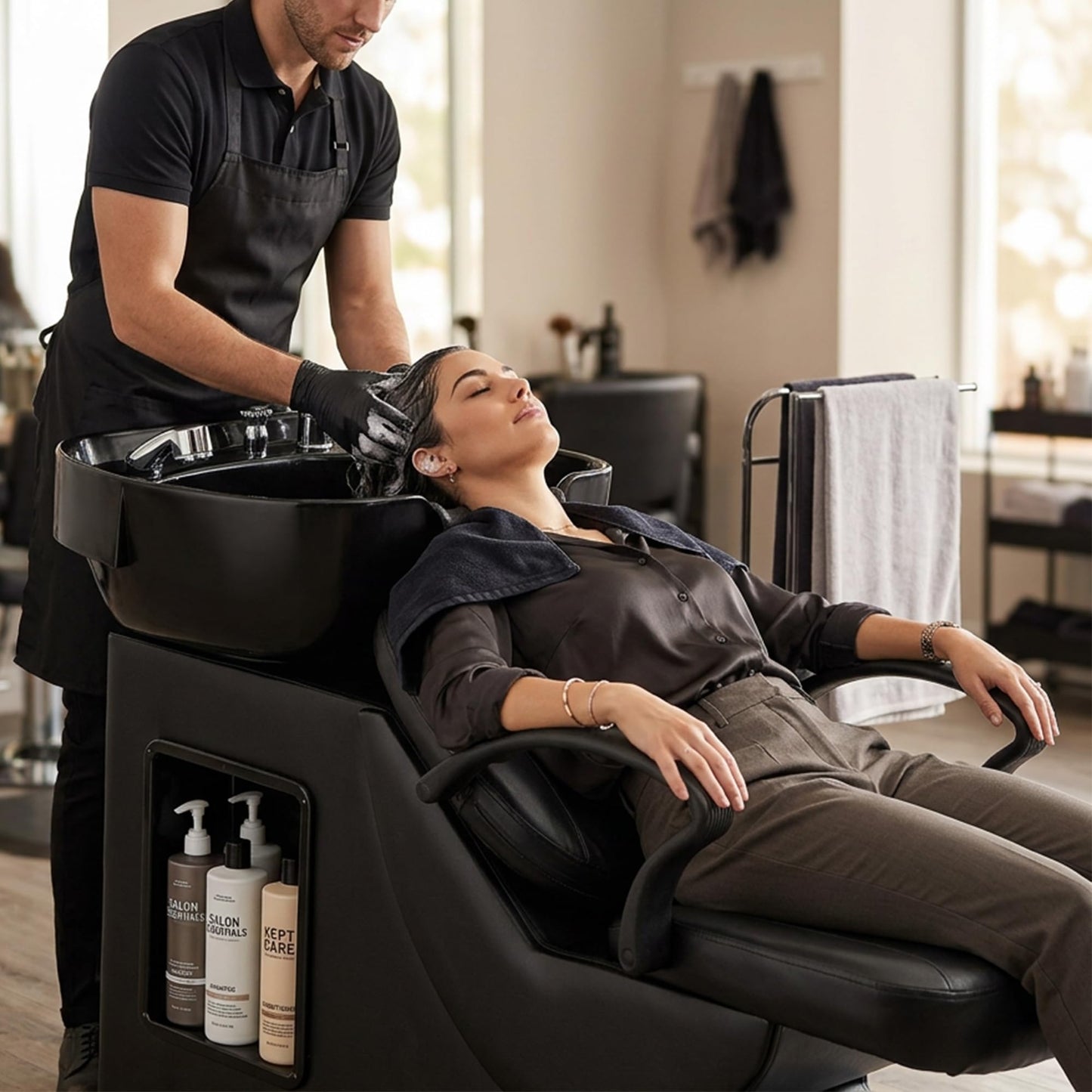 KEIKI Shampoo Bowl and Chair Set for Salon, Hair Washing Station with ABS Sink & PU Leather Chair, Ergonomic Chair with Neck Rest, Side Storage, Hot/Cold Faucet & Sprayer for Spa, Black