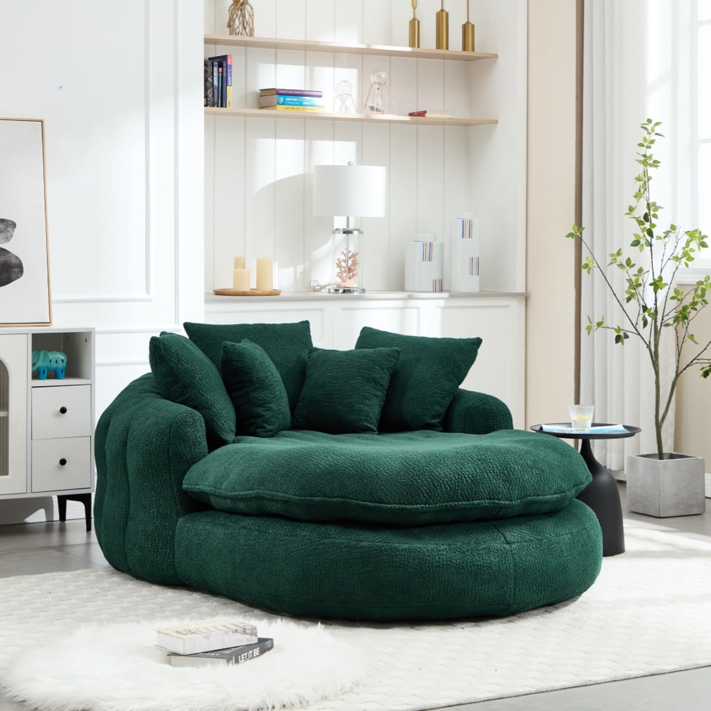 WEALTHOUSE Oversized Oval Floor Sofa Lounger with Pillows Ergonomic Wrap Around Backrest Chenille Fabric Memory Foam Filled Lazy Chair for Adults Living Room (Emerald)