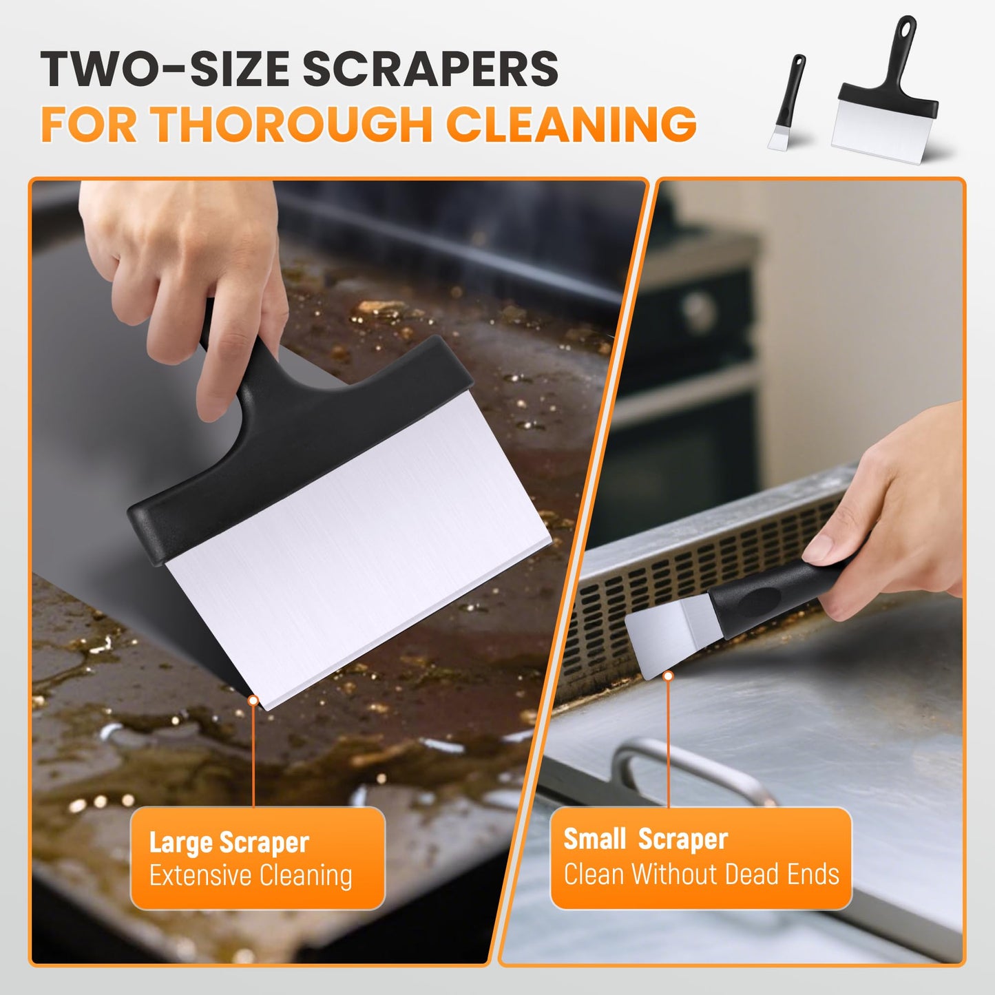 HE-SANQI Griddle Cleaning Kit for Blackstone, Flat Top Grill Cleaning Kit with Griddle Scraper, Grill Brick, Scouring Pads & Ergonomic Handles to Remove Grease, Burnt Residue (11 PCS)