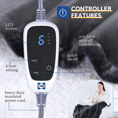 Sealy Electric Blanket with Foot Pocket for Adults, Flannel & Sherpa Heated Blanket Throw with 6 Heating Levels & 2-10 Hours Auto Shut Off, Fast Heating & Machine Washable, 50x62 Inch, Dark Grey