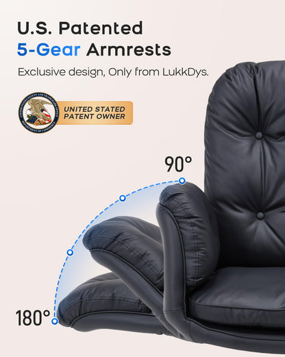 LukkDys Executive Office Chair, Big & Tall 400 lbs Capacity, Wide Seat, PU Leather, 5-Gear Lay-Flat Armrests (90°–180°) for Cross-Legged Comfort, 90–115° Recline, High Back Desk Chair, Black