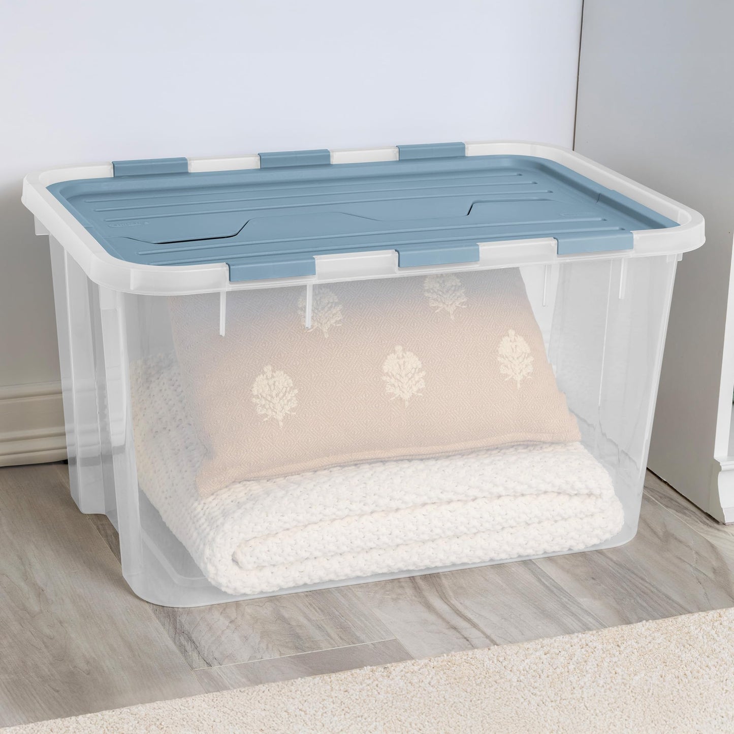 Sterilite 24 Pack Hinged Lid Storage Box, 60 Qt Plastic Container, Washed Blue - Home Organizer Tote for Storing Shoes, Crafts, Clothing, or Decor
