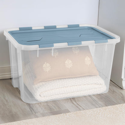 Sterilite 24 Pack Hinged Lid Storage Box, 60 Qt Plastic Container, Washed Blue - Home Organizer Tote for Storing Shoes, Crafts, Clothing, or Decor