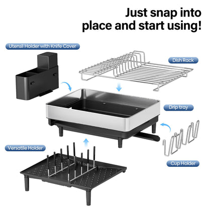 Urackify Dish Drying Rack for Kitchen Counter - Stainless Steel Dish Drainer with Drain Board, Removable Utensil Holder, Rust-Proof Plate, Non-Slip Feet, Large Capacity for 10 Plates 6 Bowls 4 Cups