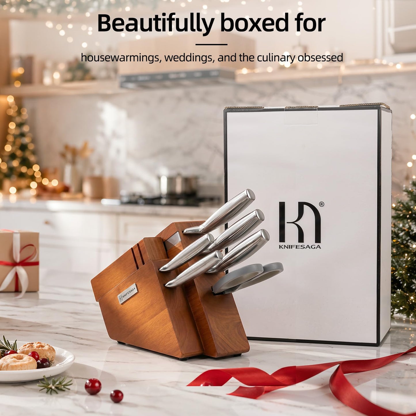 KnifeSaga Kitchen Knife Set with Block and Detachable Sharpener | 8-Piece High Carbon Stainless Steel Knife Block Set, Fully Forged Blades & Compact Design