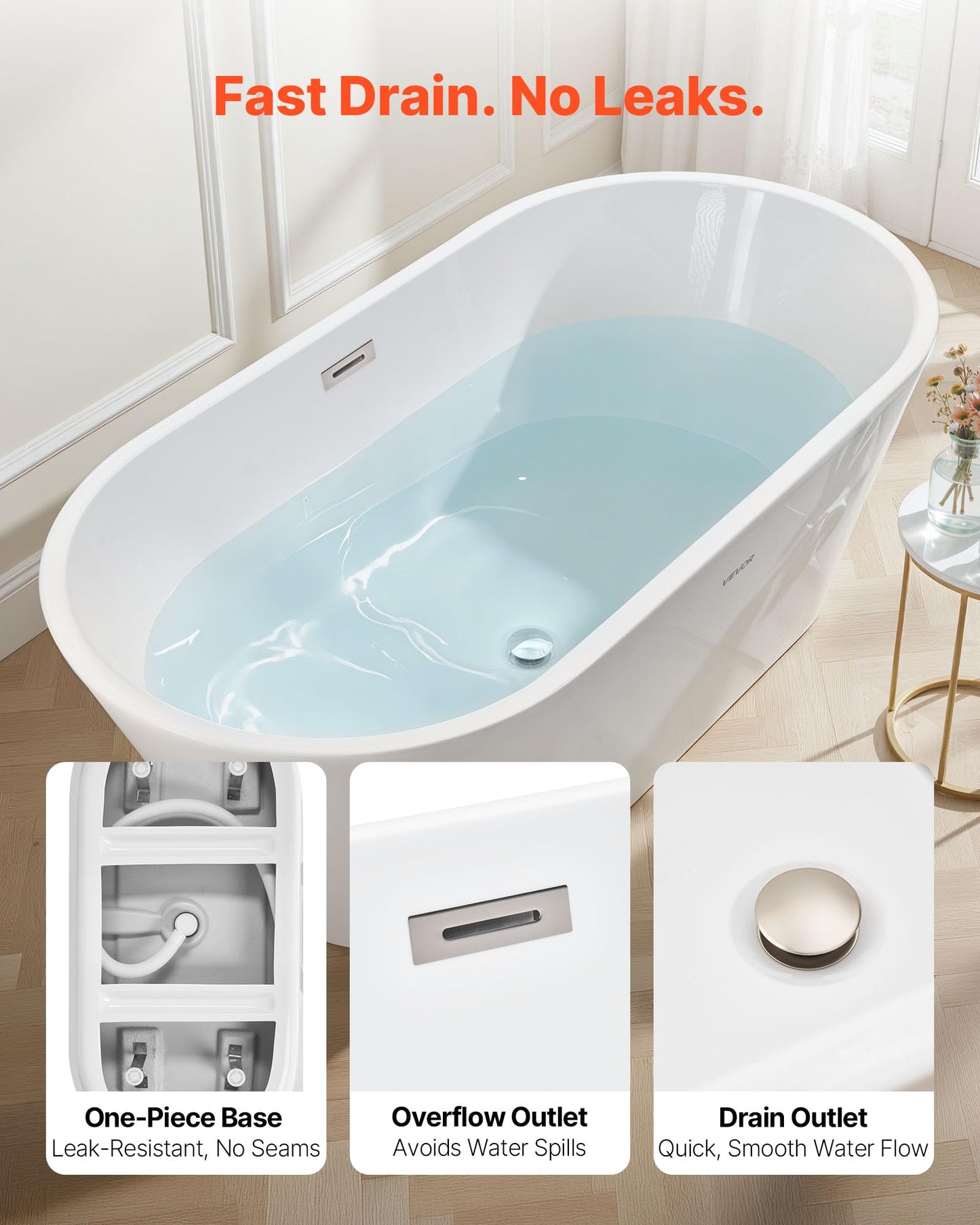 VEVOR Acrylic Freestanding Bathtub, 59 Inch Contemporary Soaking White Tub with Brushed Nickel Overflow and Drain, Elegant Oval Shape Stand Alone Soaker Tub for Modern Bathroom or Remodel Projects