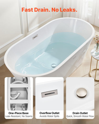 VEVOR Acrylic Freestanding Bathtub, 59 Inch Contemporary Soaking White Tub with Brushed Nickel Overflow and Drain, Elegant Oval Shape Stand Alone Soaker Tub for Modern Bathroom or Remodel Projects