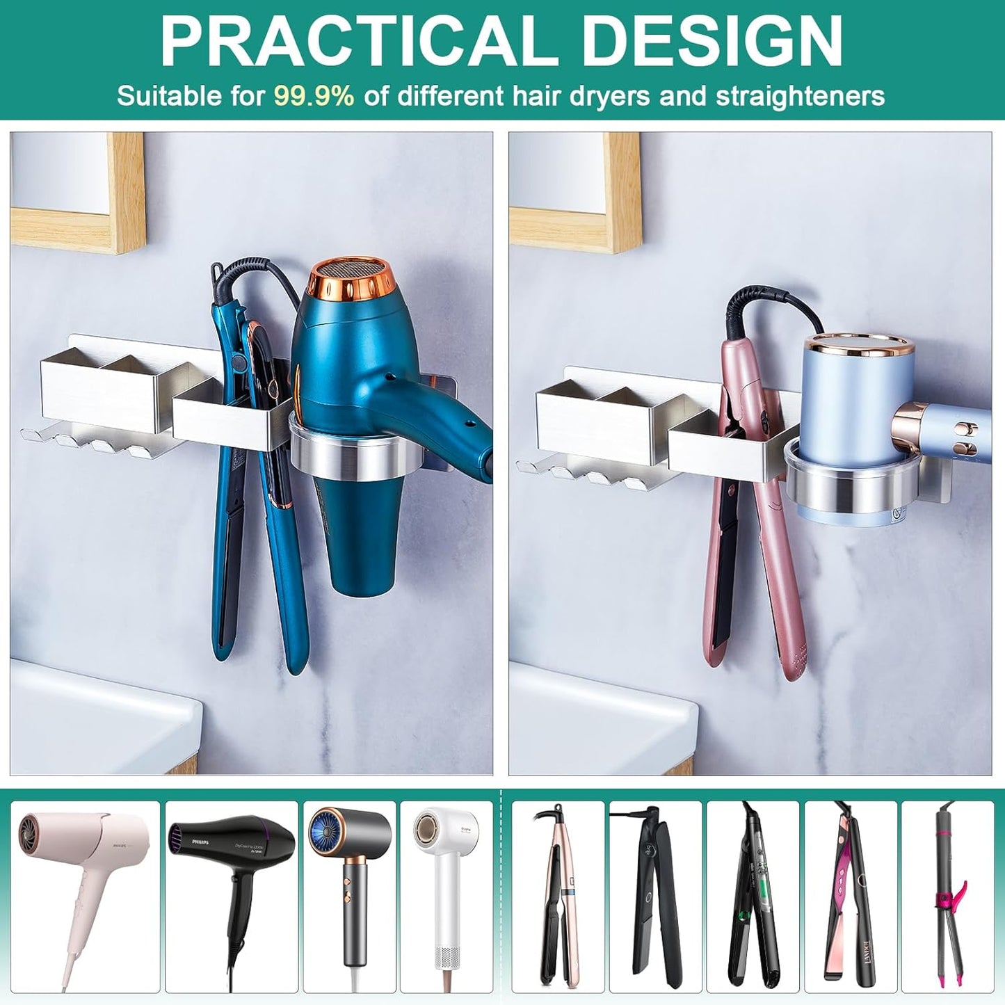Wall Mounted Hair Dryer Holder, Hair Tool Organizer for Bathroom, Adhesive Stainless Steel Hair Dryer Hanger
