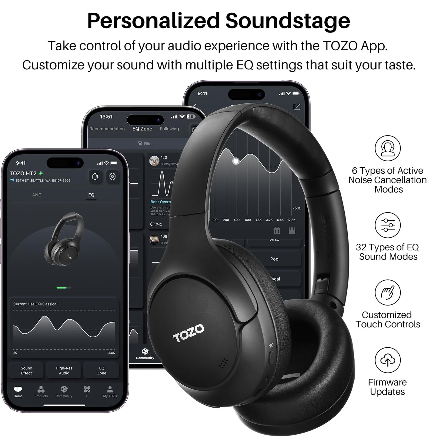 TOZO Hybrid Active Noise Cancelling Headphones, Wireless Over Ear Bluetooth Headset, 60H Playtime, Hi-Res Audio Custom EQ via App Deep Bass Comfort Fit Ear Cups, for Home Office Travel