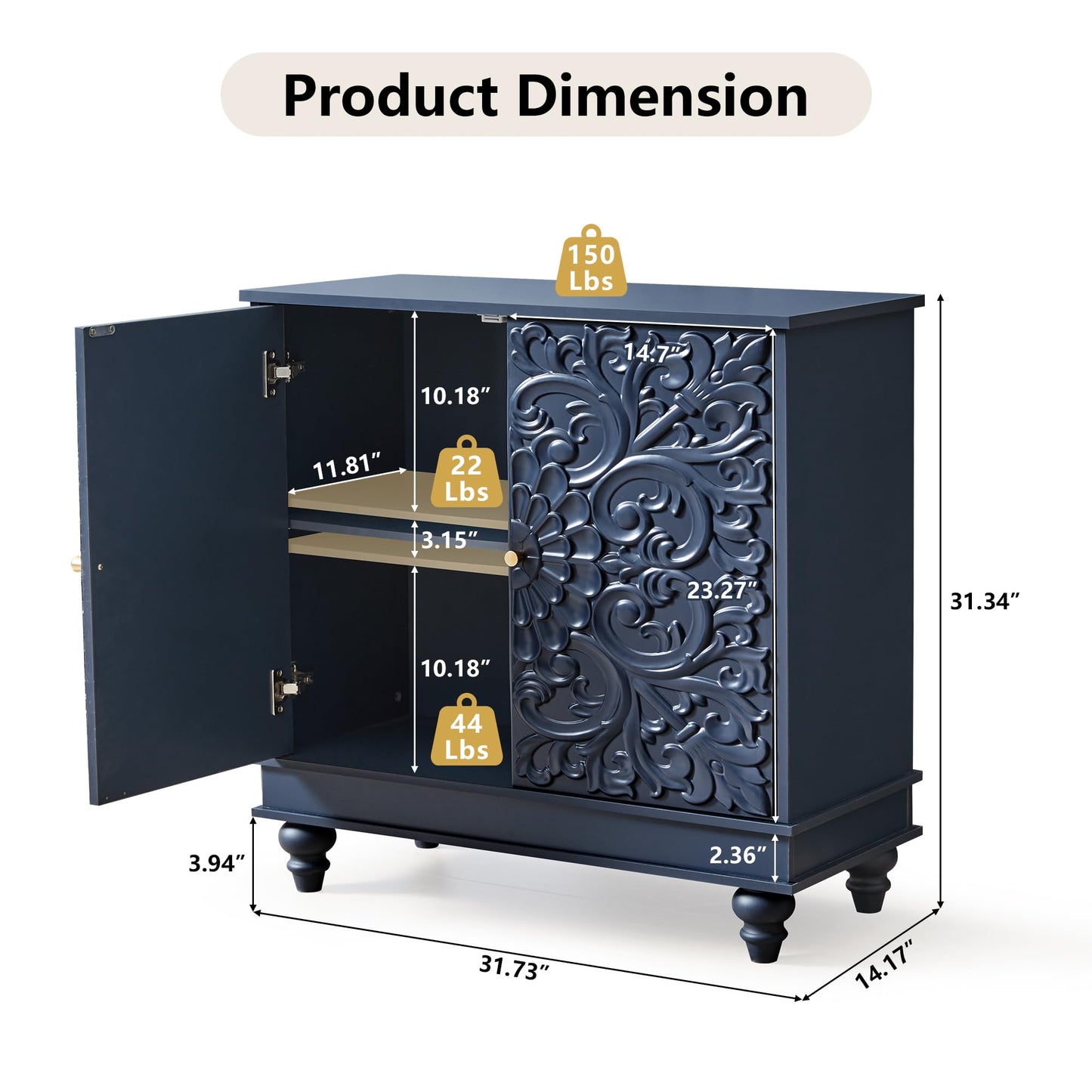 weselon Accent Cabinet Set of 2, Luxury Carving Board Buffet Cabinet with Storage, Storage Sideboard Entryway Table with 2 Doors and Adjustable Shelves (Midnight Blue)
