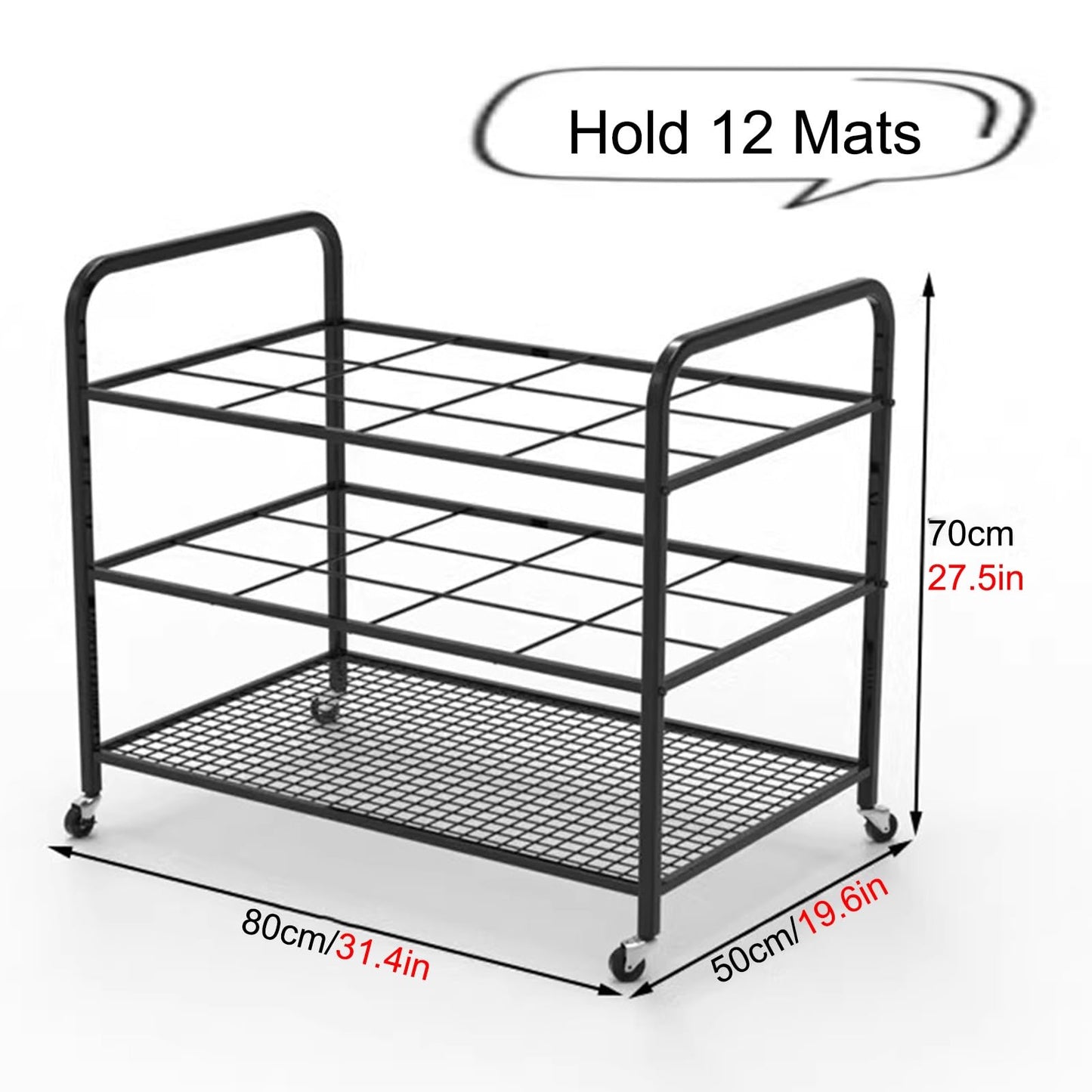 12 Mats Large Commercial Storage Cart, Rolling Metal Organizer Holder for Foam Roller/Yoga Strap/Dumbbells Display, Home Studio Gym Office Equipment Rack,Black