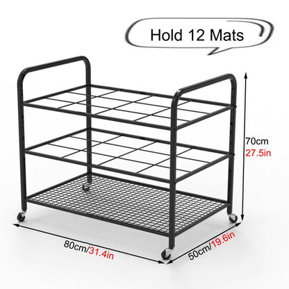 12 Mats Large Commercial Storage Cart, Rolling Metal Organizer Holder for Foam Roller/Yoga Strap/Dumbbells Display, Home Studio Gym Office Equipment Rack,Black