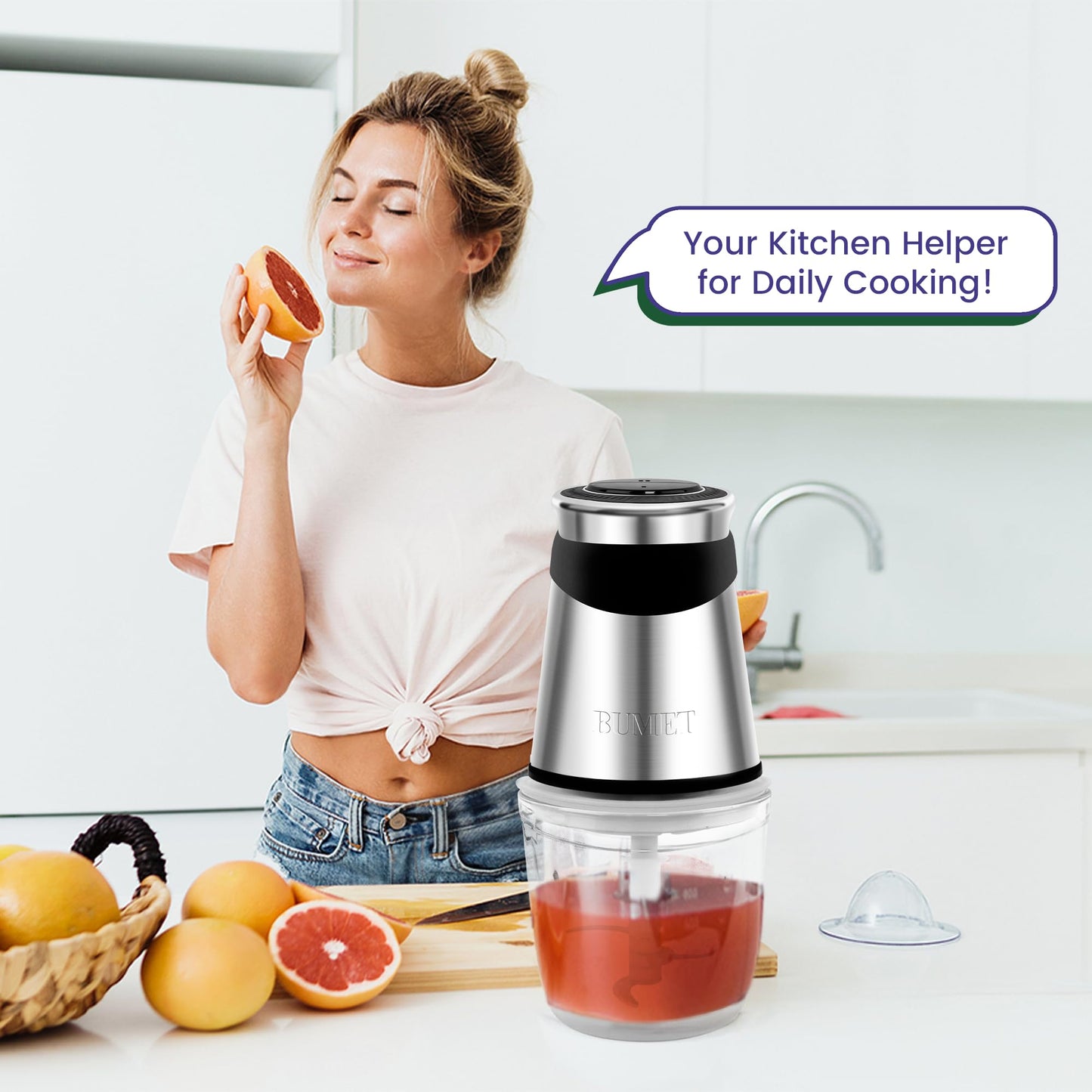 BUMET Electric food processor vegetable chopper 500W one 2.5cup bowl one bi-layer 4 blades Mini Food chopper for home use,Mincing, and Puree for kitchen aid, baby foot
