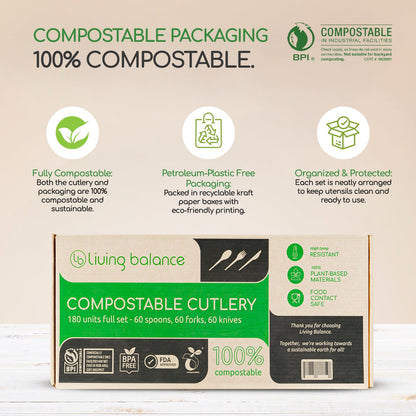 Living Balance Certified Compostable Cutlery 180 Pieces Set - CPLA 60 Forks, 60 Spoons & 60 Knives - Heavy Duty Flatware - Reusable, Zero Waste, Travel, Picnic, to Go & Kitchen Use - BPA Free