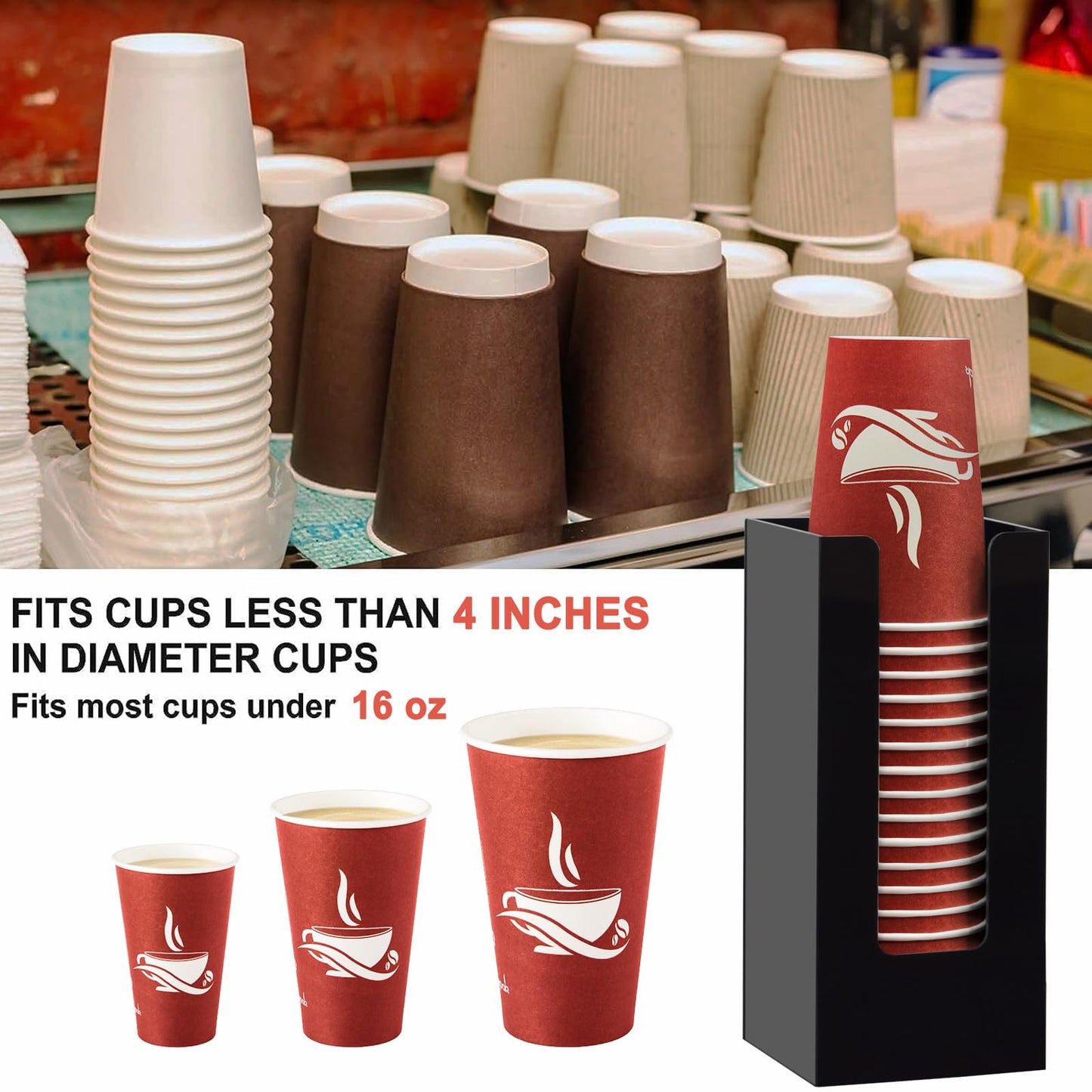MYITYARD Coffee Cup Dispenser, Cup and Lid Organizer fits 5 to 16 oz Disposable Paper & Plastic Cups, Acrylic Cup Holder for Table Countertop, Black