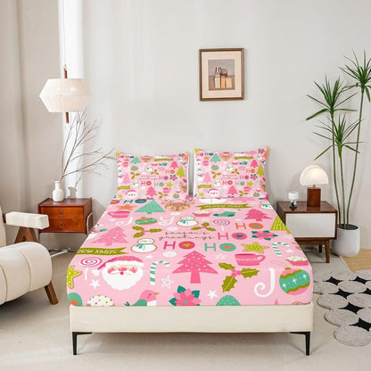 Erosebridal Pink Christmas Fitted Sheet Full, Cartoon Santa Claus Bedding Set for Kids Boys Girls Women Bedroom, Snowman Pine Bed Sheets Christmas Tree Deer Bedding Decor Set Xmas Decor,2 Pillowcases