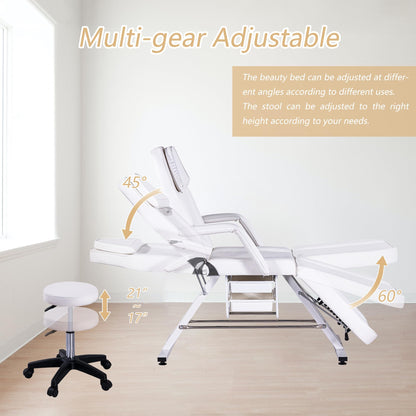 Amacv Massage Salon Tattoo Chair with Two Trays Esthetician Bed with Hydraulic Stool,Multi-Purpose 3-Section Facial Bed Table, Adjustable Beauty Barber Spa Beauty Equipment, White