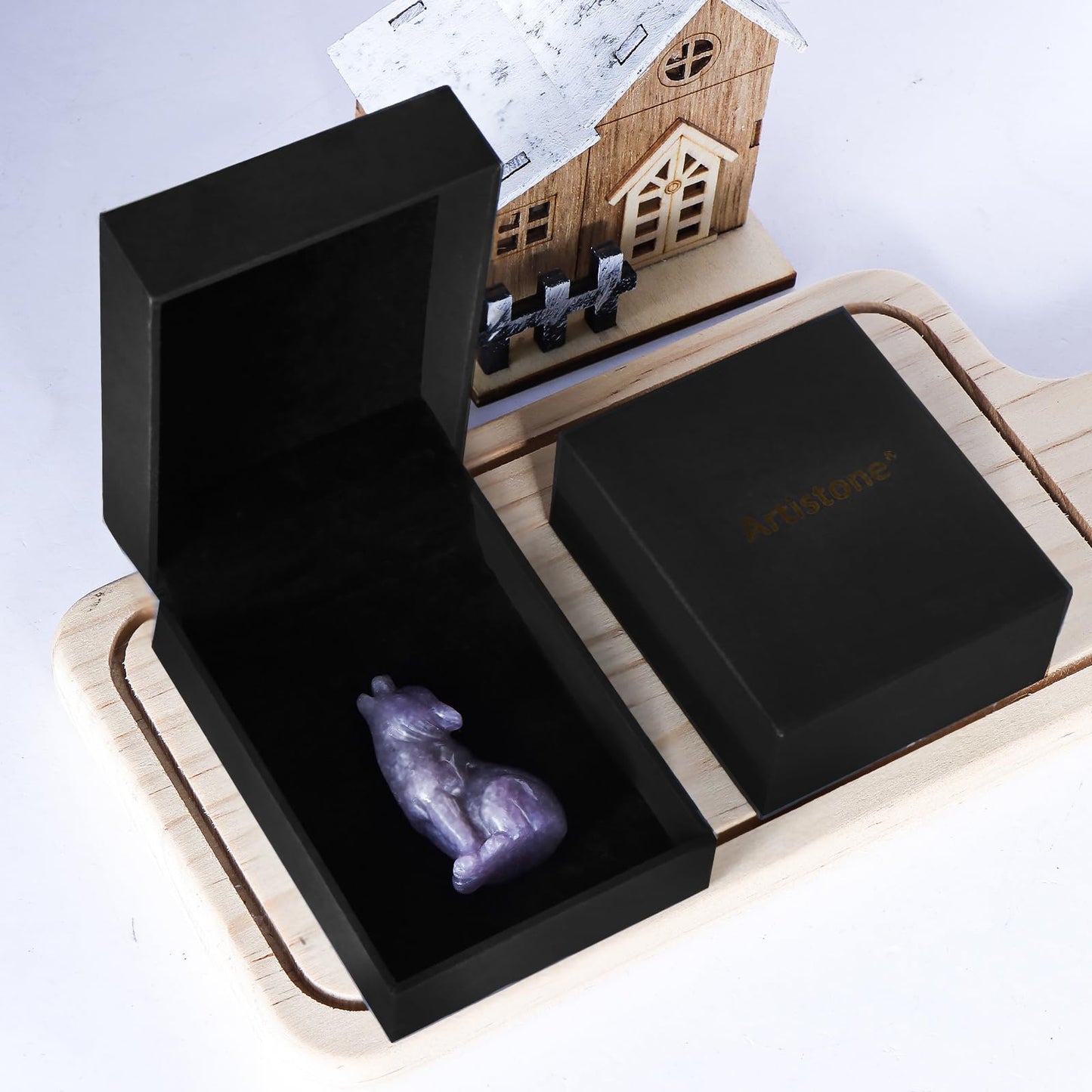 Artistone Crystal Wolf Statue, 2" Hand Carved Healing Wolves Decor for Home Office Ornament Gemstone Pocket Animal Figurine with Gift Case for Men,Women (Purple Lepidolite)