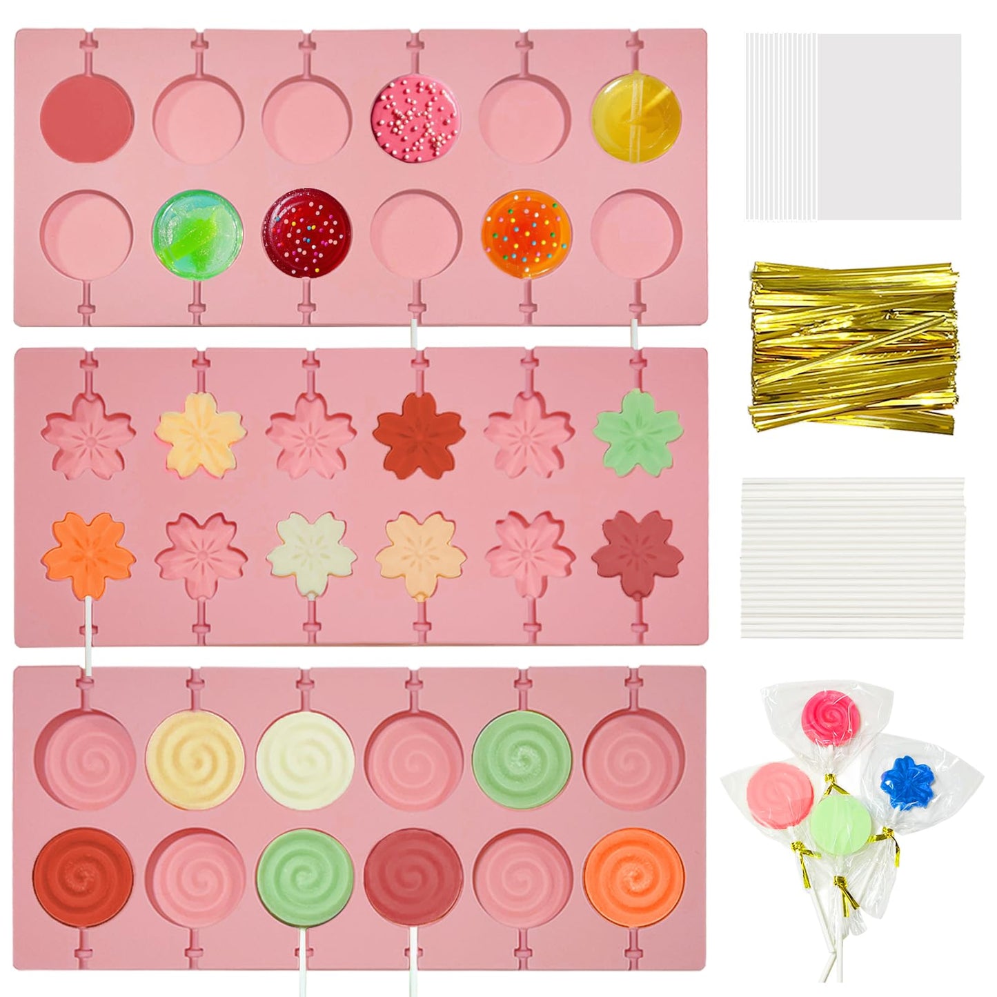 3Pcs Lollipop Mold Kit, 36 Capacity CHELIZIYA 3 Shapes Pink Silicone Candy Molds, Non-Stick Silicone Flower Chocolate Mold with 100Pcs Sticks, 100Pcs Bags, 100Pcs Ties for Party