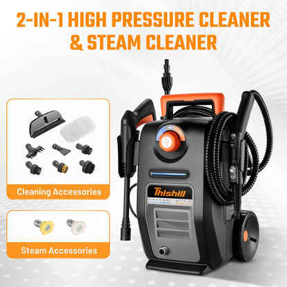 This Hill 2-in-1 Pressure Washer and Steam Cleaner, 3000 PSI 2 GPM Power Washer, 1500W Steam Cleaner with 1L Tank, Portable Cleaning Machine for Car Detailing, Patio, Tile, Grout, Furniture