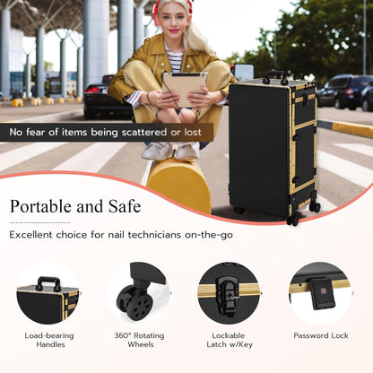 Gdsshuhung Portable Nail Desk with LED Mirror, Heavy Duty Foldable Manicure Table with 3 Drawers, Rolling Makeup Train Case Cosmetology Trolley on Wheels, Mobile Nail Tech Workstation (Gold)