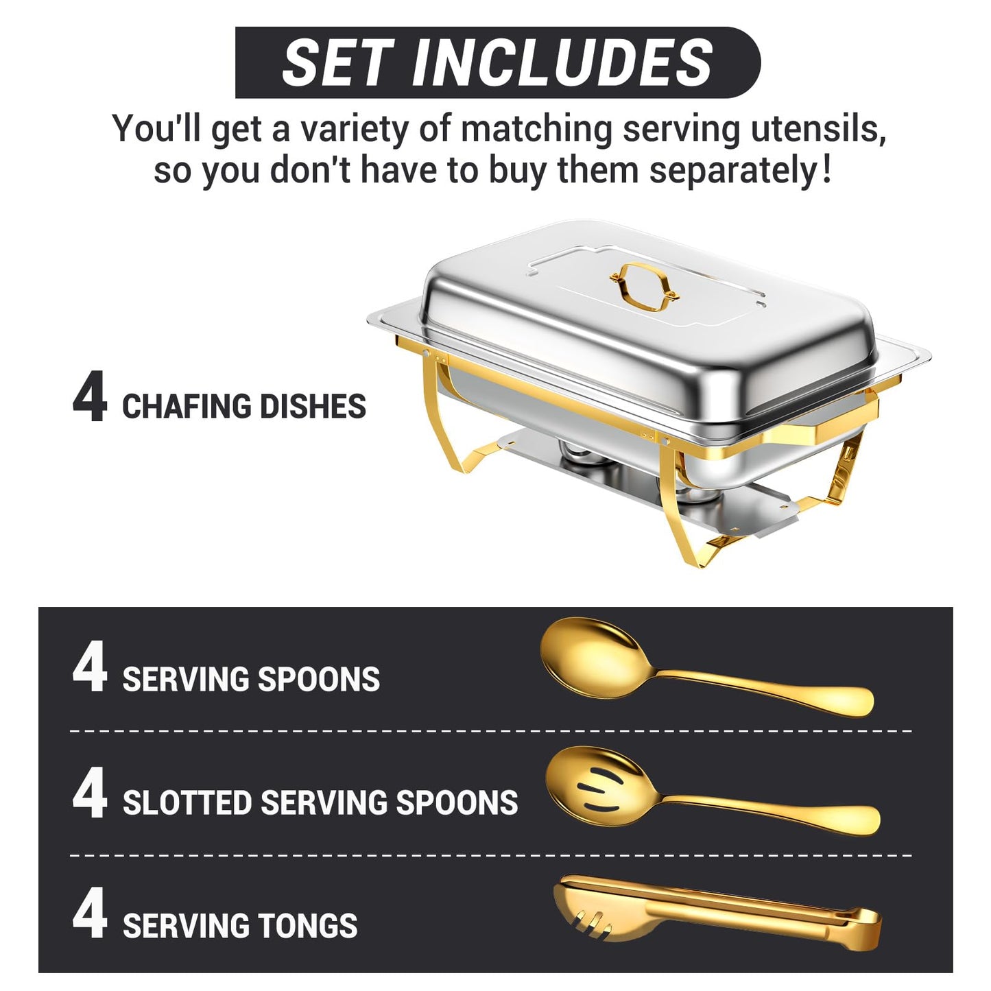Keyoxy Chafing Dishes for Buffet, 8 Qt High Grade Chafing Dish Buffet Set, Rolled-Edge Design Food Warmers for Parties, Buffet, Wedding, Birthday, Camping 4 Pack 4 Pans [Half Gold]