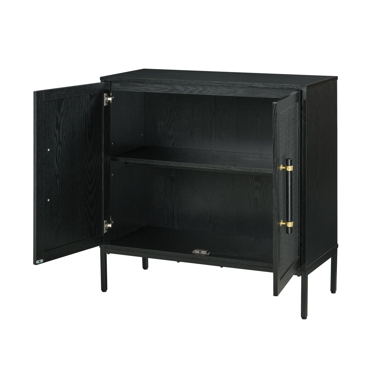 Hopper Studio Sophia 2-Door Accent Cabinet, Black Finish with Rattan Doors & Wood/Brass Handles, Adjustable Shelf, Aluminum Legs, Mid-Century Modern Storage for Luxury Living Room, Kitchen, Entryway