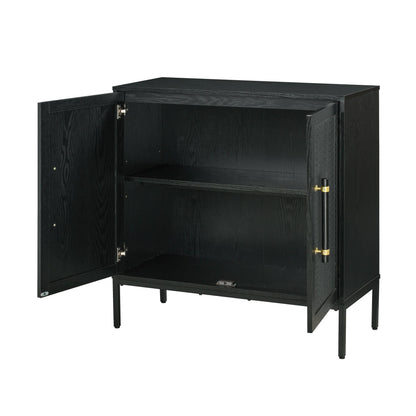 Hopper Studio Sophia 2-Door Accent Cabinet, Black Finish with Rattan Doors & Wood/Brass Handles, Adjustable Shelf, Aluminum Legs, Mid-Century Modern Storage for Luxury Living Room, Kitchen, Entryway