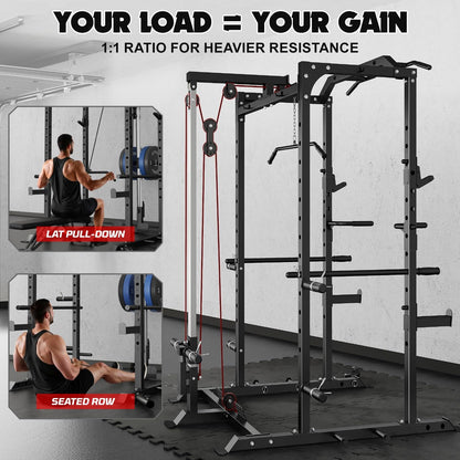 Goimu C1-V4 Power Cage, 2000LBS Squat Rack with LAT Pulldown, Multi-Function Weight Cage Strength Training Machine, Workout Cage with More Attachments for Home Gym Garage (C1-Pro Bk)