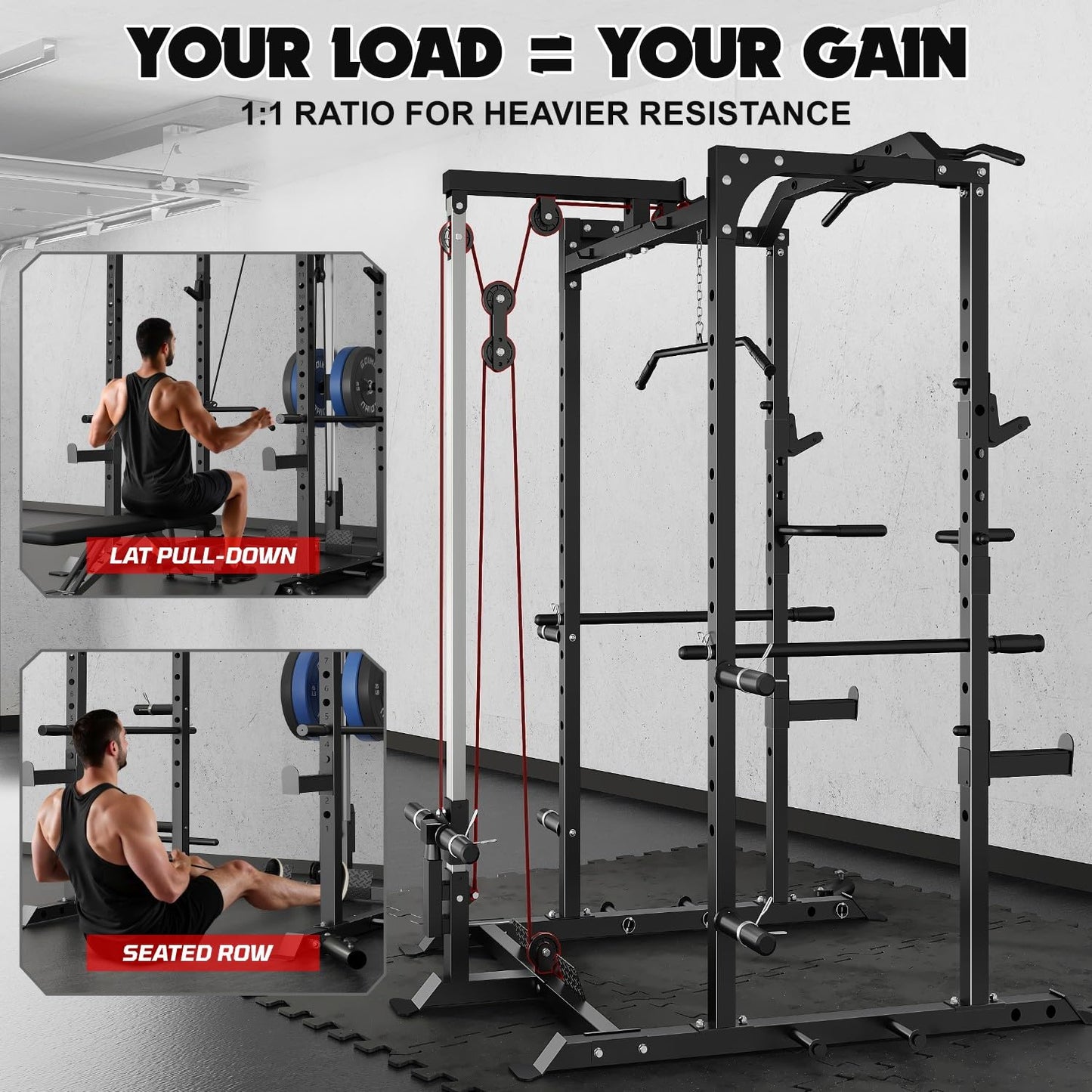 Goimu C1-V4 Power Cage, 2000LBS Squat Rack with LAT Pulldown, Multi-Function Weight Cage Strength Training Machine, Workout Cage with More Attachments for Home Gym Garage (220LBS BK Home Gym Package)