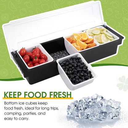 POWLAB Fruit, Veggie & Condiment Caddy with Lid Dispenser Tray Garnish Station for Bartending & Serving Taco (1, 4 Compartment)