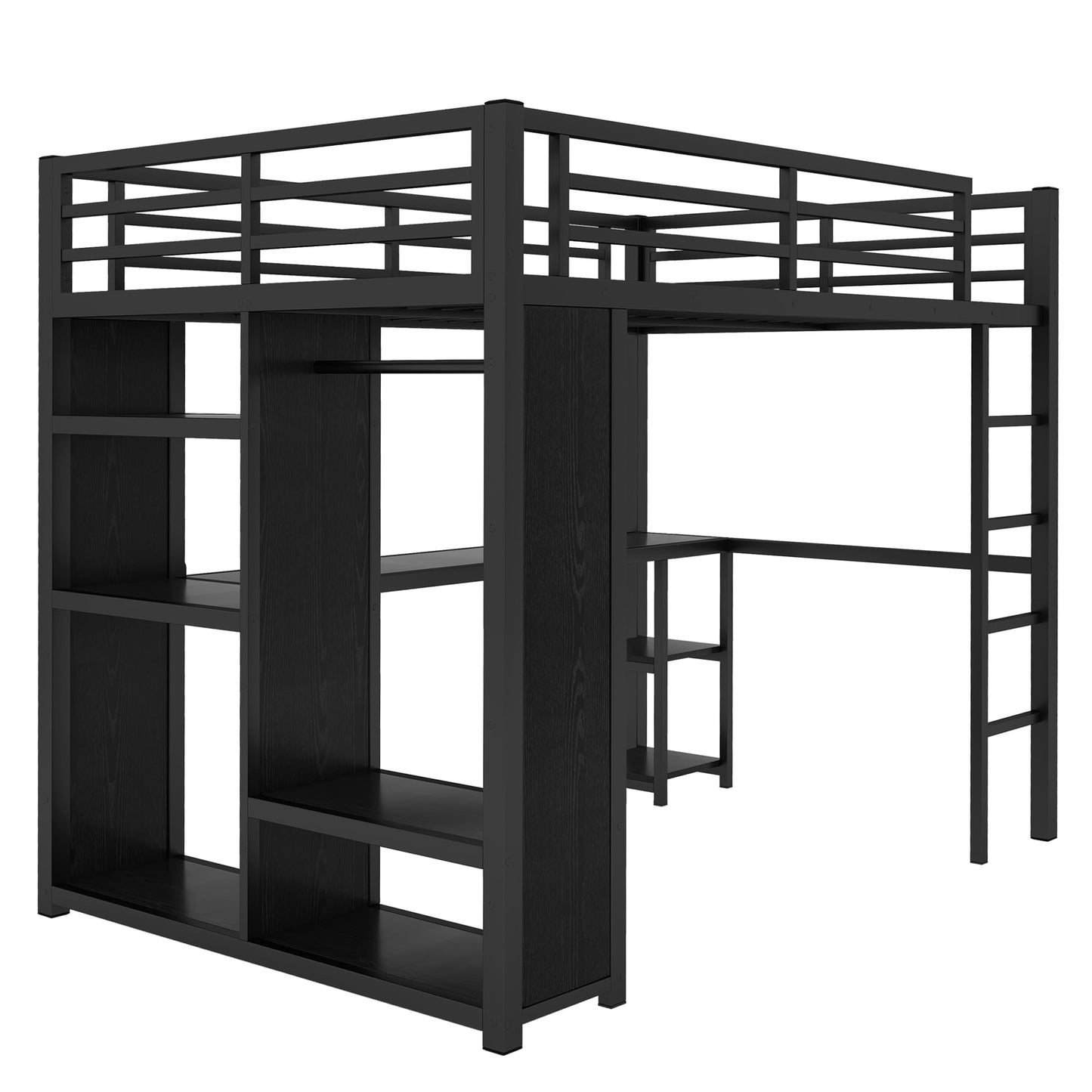 Bellemave Full Size Loft Bed with Desk, Wardrobe, Metal Full Loft Bed Frame for Adults, Kids, Teens, Black