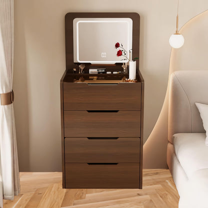 KEIKI 3 in 1 Vanity Desk with Plip Top Mirror, Make Up Vanity Set with 3 Drawers, Dressing Table with Stool for Bedroom, Walnut