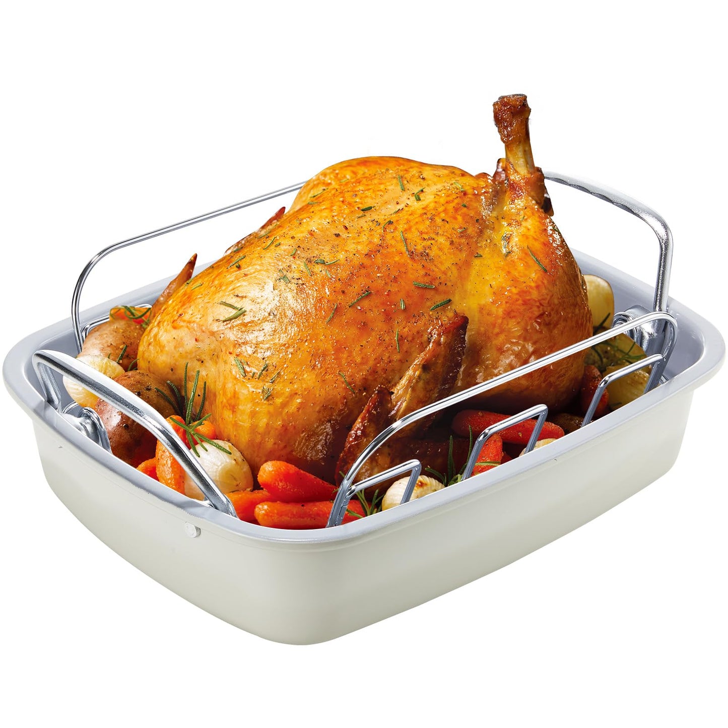KITESSENSU Large Roasting Pan with Rack - 25 LB Nonstick Turkey Roaster Pan for Oven - Heavy Duty Carbon Steel Roasting Pan with Wider Handles for Chicken, Vegetables & Holiday Meals, Cream
