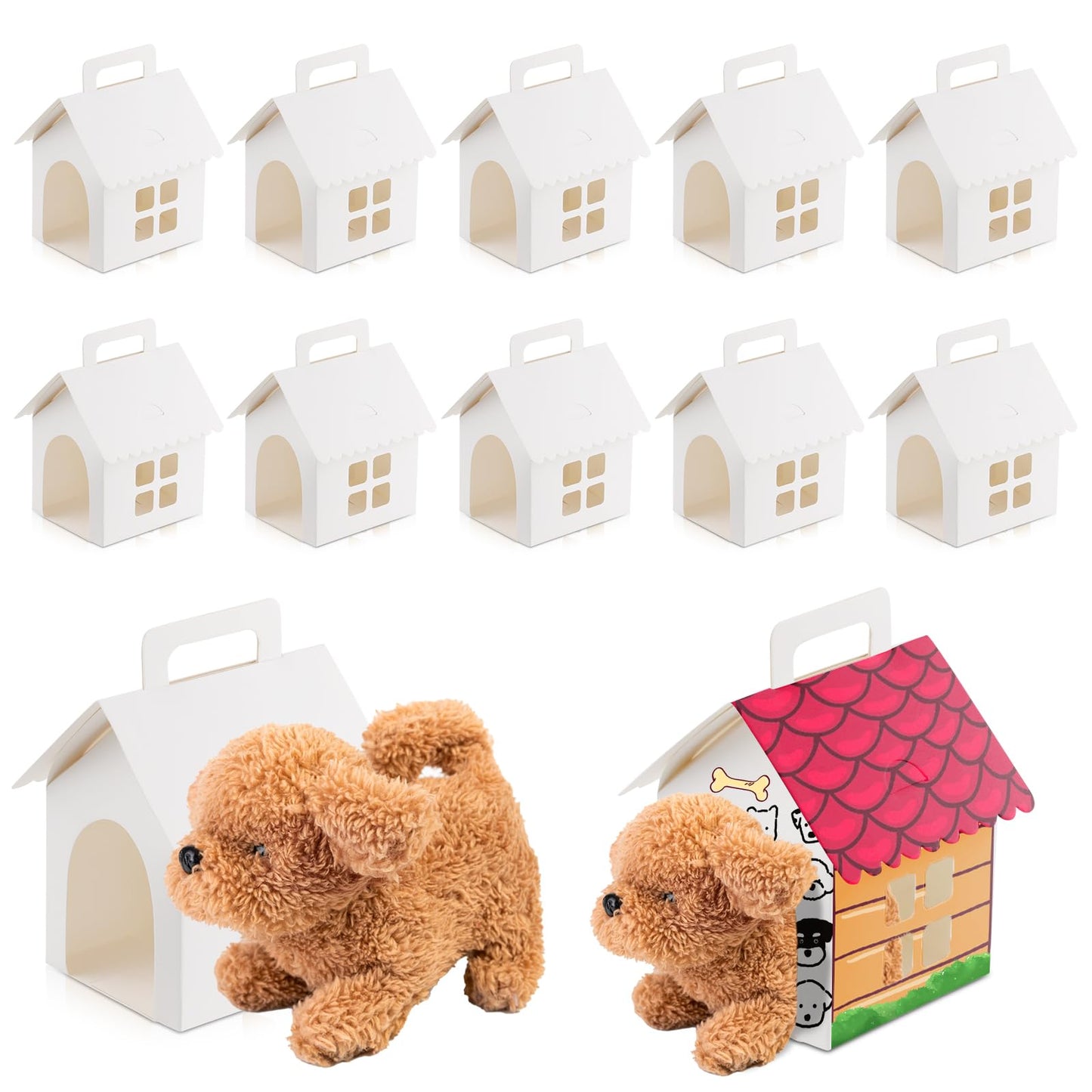 24 Pcs Dog Party Favor Boxes,White Foldable Dog House Shaped Treat Gift Boxes with Handles,Holes,Window Design,Fit for Back to School Favors,Puppy Pet Adoption Parties,Birthday Decorations,DIY Crafts