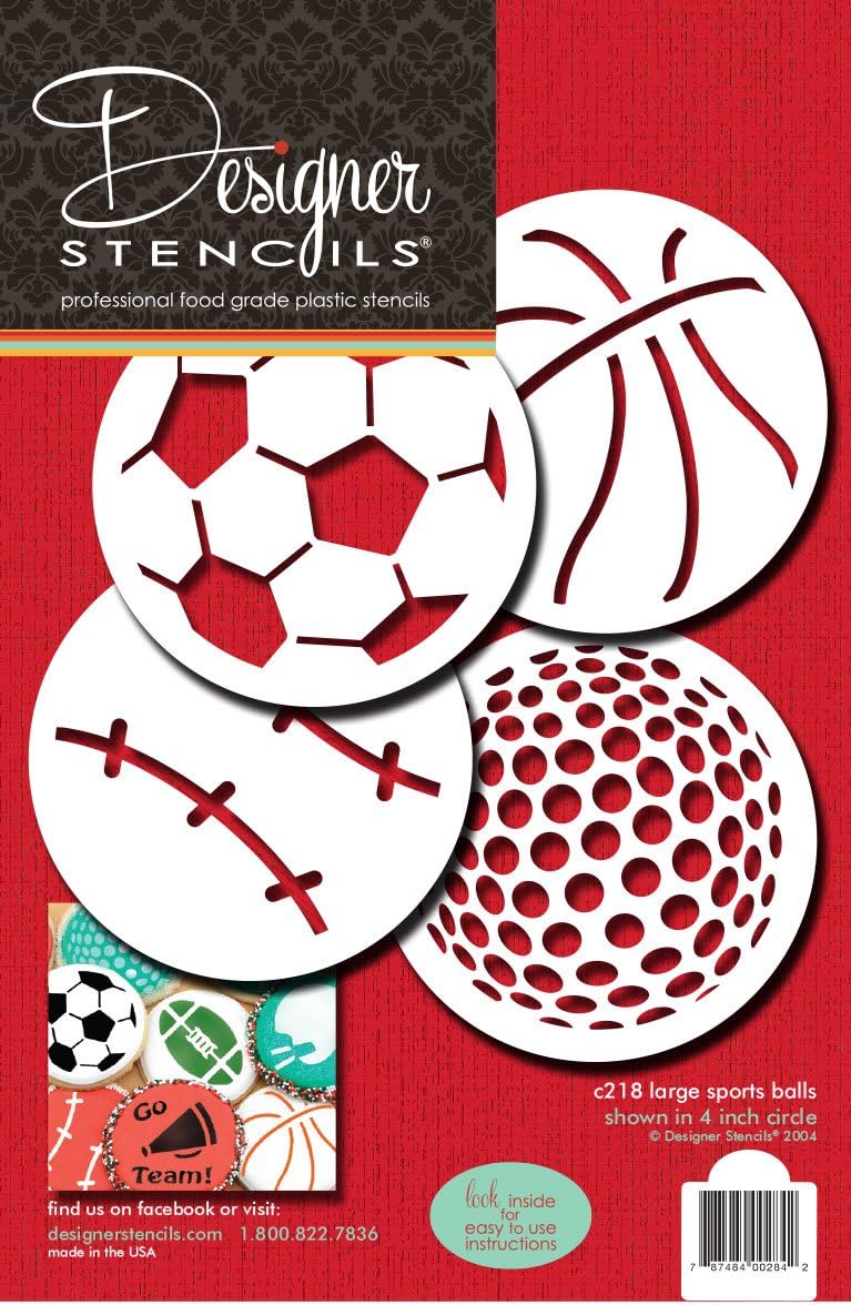 Designer Stencils Large Sports Ball Cookie Stencils, Basketball - Golf - Soccer - Baseball, Beige/semi-transparent