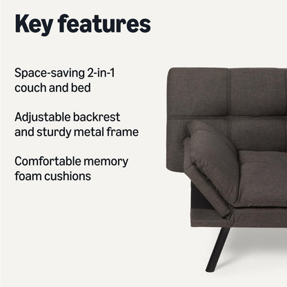 Amazon Basics Futon Sofa Bed, Convertible Memory Foam Sofa Couch with Adjustable Positions for Small Living Room, Office, Apartment, Dark Grey Linen Fabric