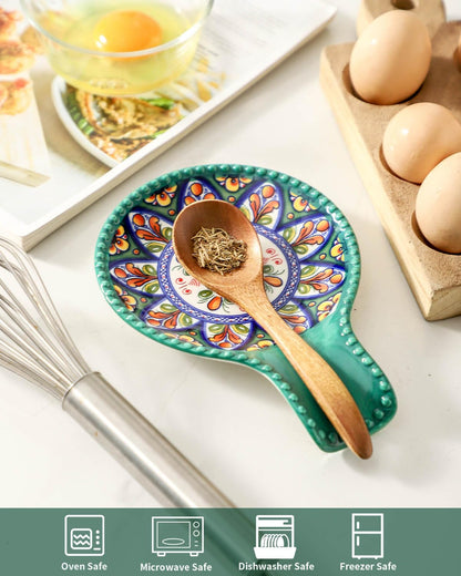 Glowworm Ceramic Spoon Rest for Stove Top, 7.7 Inch Coffee Spoon Holder for Spoons, Ladles, Tongs, Spatula, Farmhouse Utensil Rest for Kitchen Counter Decor, Green