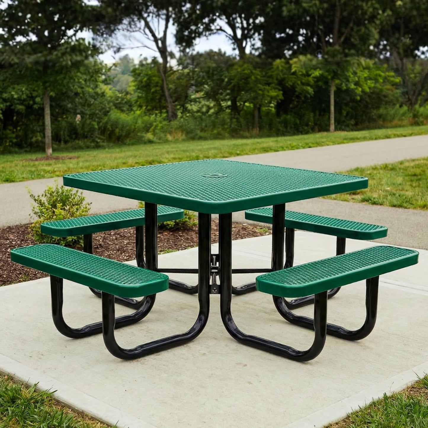 46” Square Heavy-Duty Expanded Metal Green Picnic Table