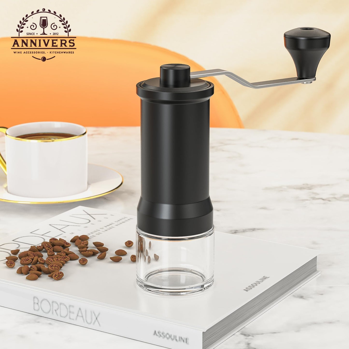 ANNIVERS Manual Coffee Grinder Hand Coffee Bean Grinder Burr Grinder, Adjustable Coarseness Ceramic Burr Glass Jar Stainless Steel Crank Brush, for Espresso French Press Drip, Moulin à Café Manuel