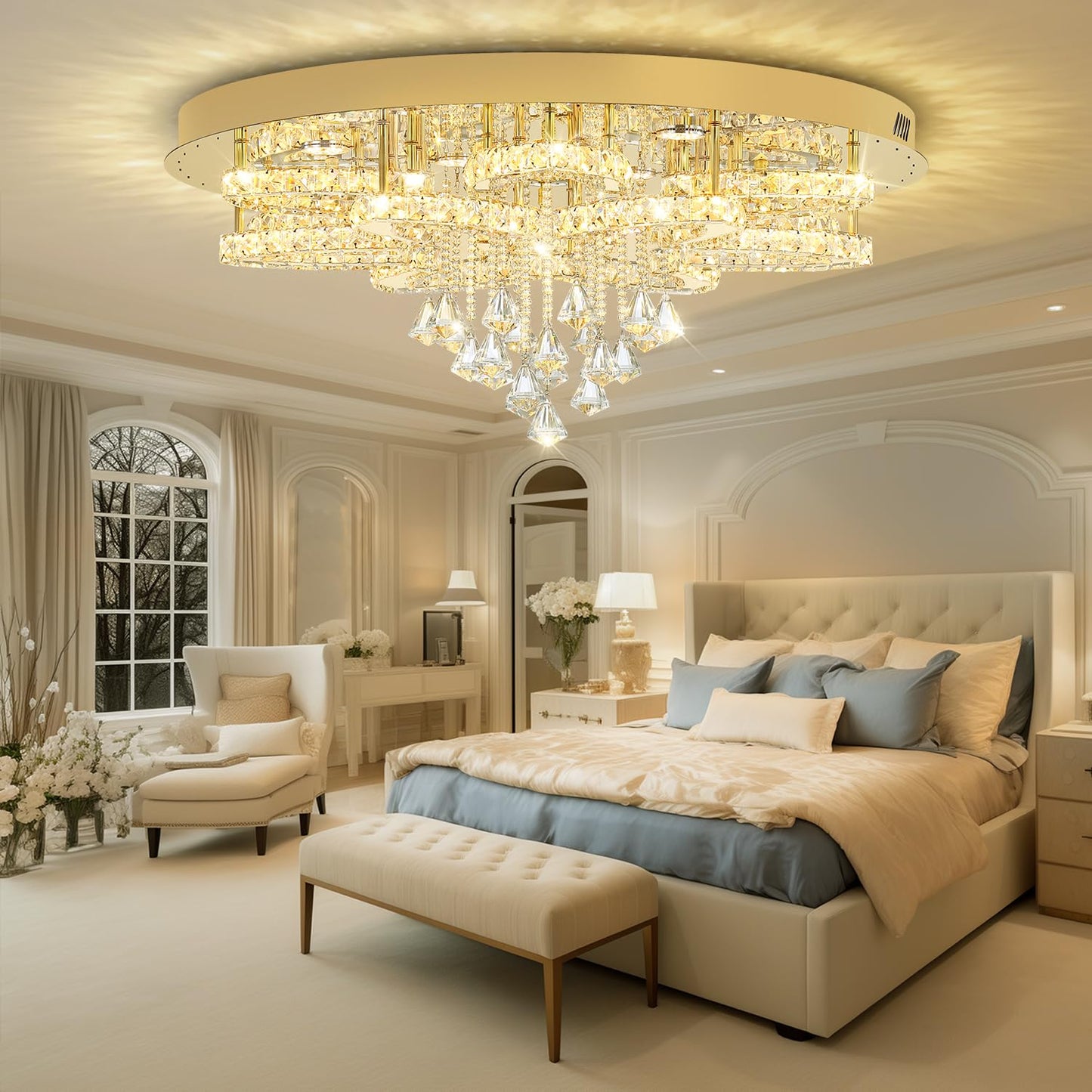 Flashing God 32'' Modern Crystal Chandeliers for Living Room Crystal Ceiling Light Fixture LED Dimmable Pendant Lighting Flush Mount Ceiling Chandelier for Dining Room Bedrooms Foyer Gold