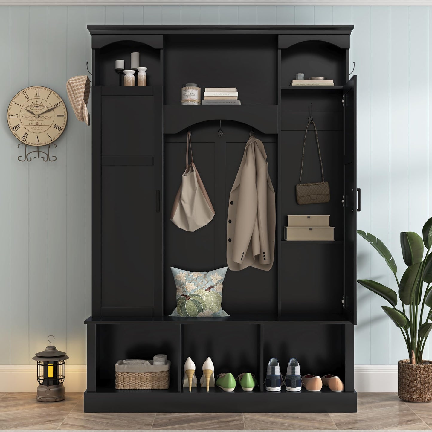 THINK 30 Modern All-in-One Hall Tree with Adjustable Shelves, Classic Arched Farmhouse Storage Bench with Dual Side Cabinets, Elegant Entryway Organizer with 7 Hooks for Mudroom, Hallway, Black