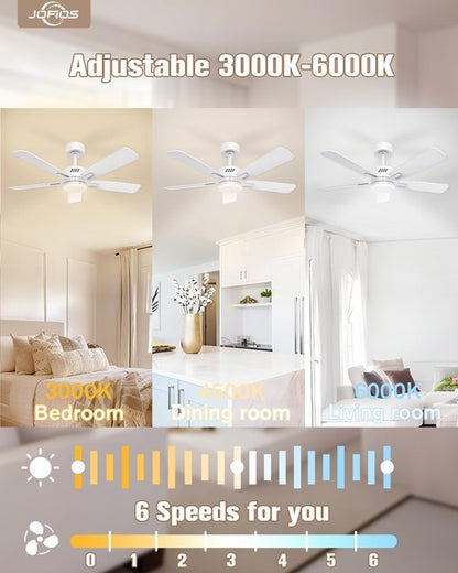 JOFIOS Ceiling Fans with Lights and Remote,52 inch Ceiling Fan with Adjustable Color Temperature,Dimmable 6-speeds Noiseless Revisible DC Motor for Bedroom, Kitchen, Living Room（White）