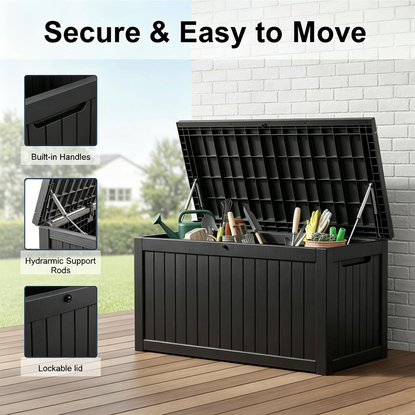 269 Gallon Large Outdoor Storage Box, Waterproof Deck Box with Lockable Lid, Resin Outside Storage Box for Patio Furniture, Pool Accessories, Garden Tools, Storage Bench for Backyard, Porch, Black