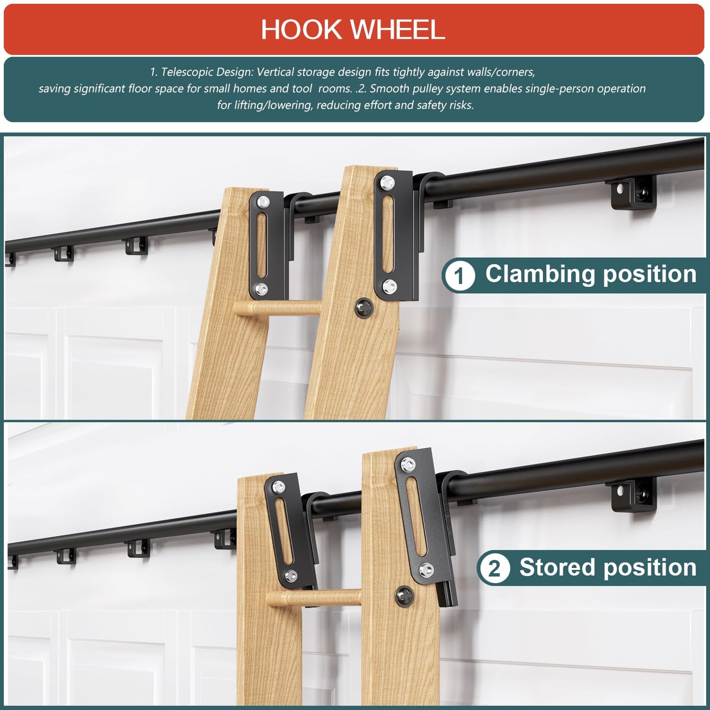 104RDHOUSE 16FT Sliding Library Ladder Hardware Kit,Black Telescopic Top Hook,Bottom Wheel with Brake,MAX Load 300lbs,No Ladder