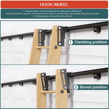 104RDHOUSE 16FT Sliding Library Ladder Hardware Kit,Black Telescopic Top Hook,Bottom Wheel with Brake,MAX Load 300lbs,No Ladder