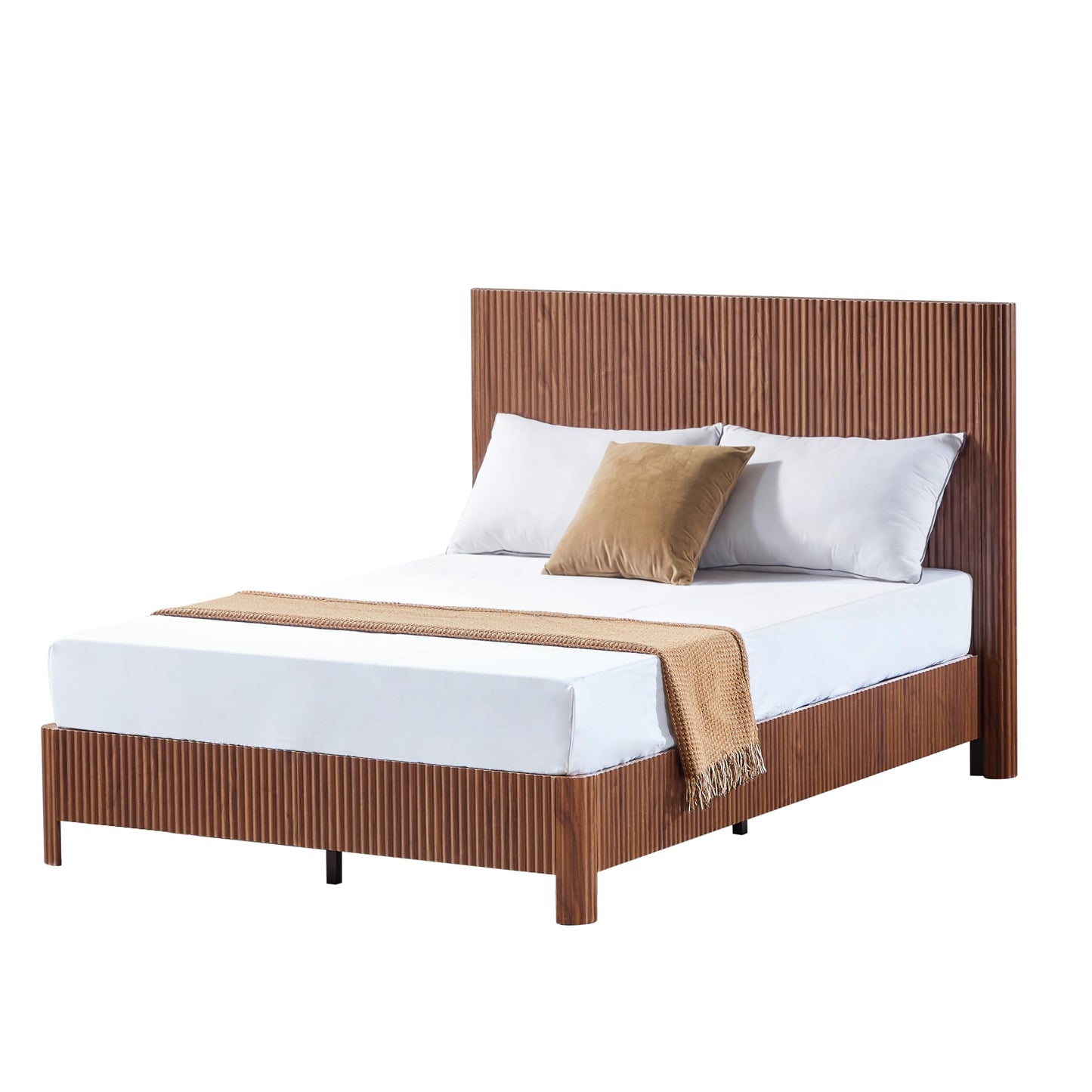 KEIKI Full Size Wooden Bed Frame with Headboard, Modern Platform Bed with Corrugated Curved Lines, No Box Spring Needed, Easy Assembly (Walnut, Full)